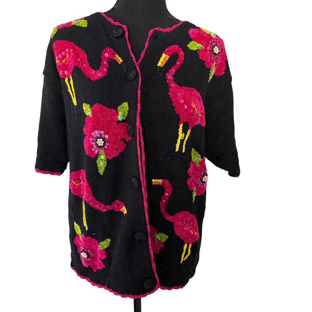 Vintage Victoria Harbour Womens Black Flamingo Floral Beaded Cardigan Size L